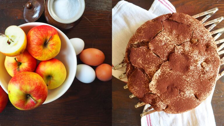 Äpfel und Kuchen aus Schokolade mit Eiern