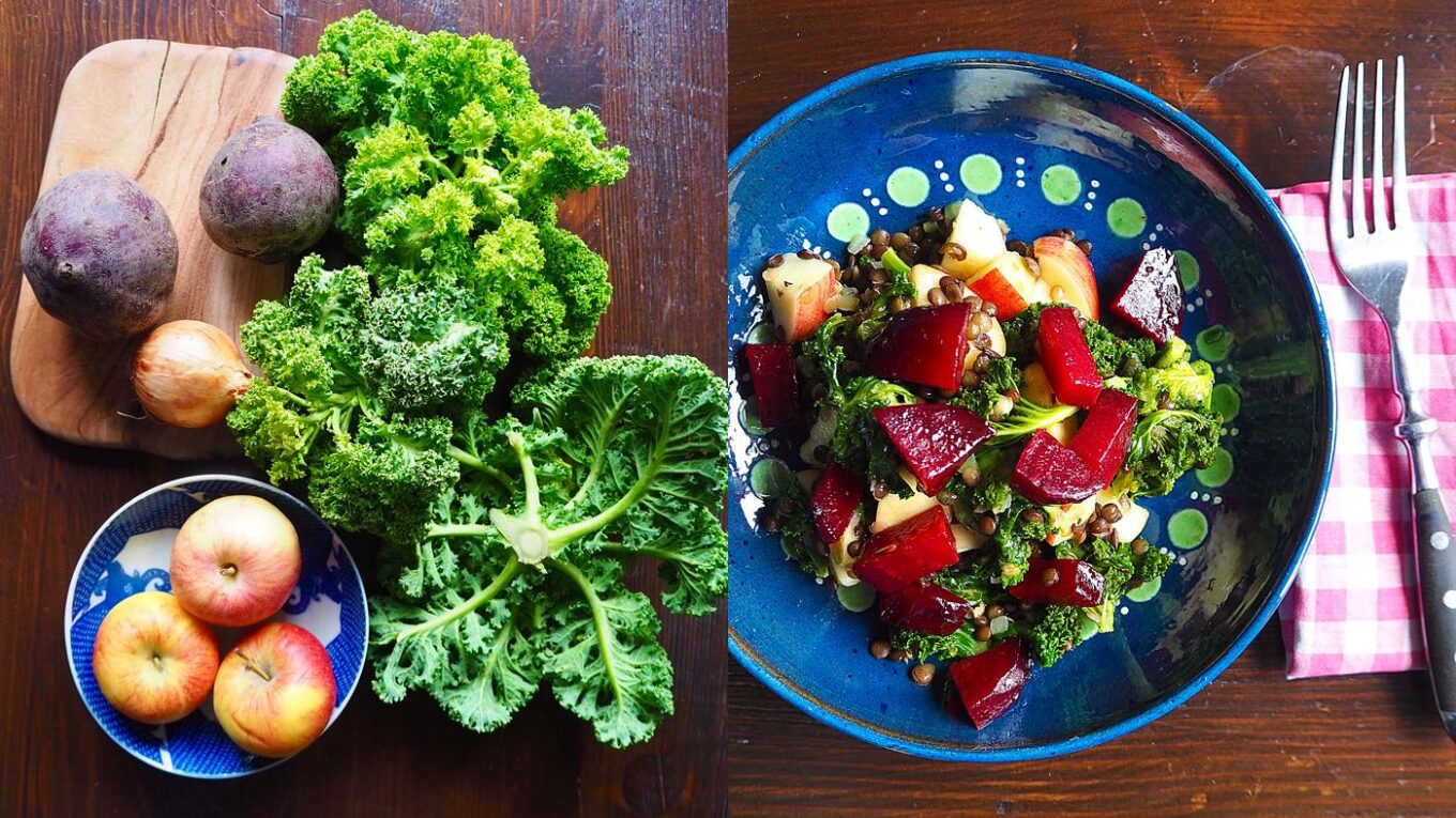 Zutaten und fertiger Salat mit Roter Bete und Grünkohl