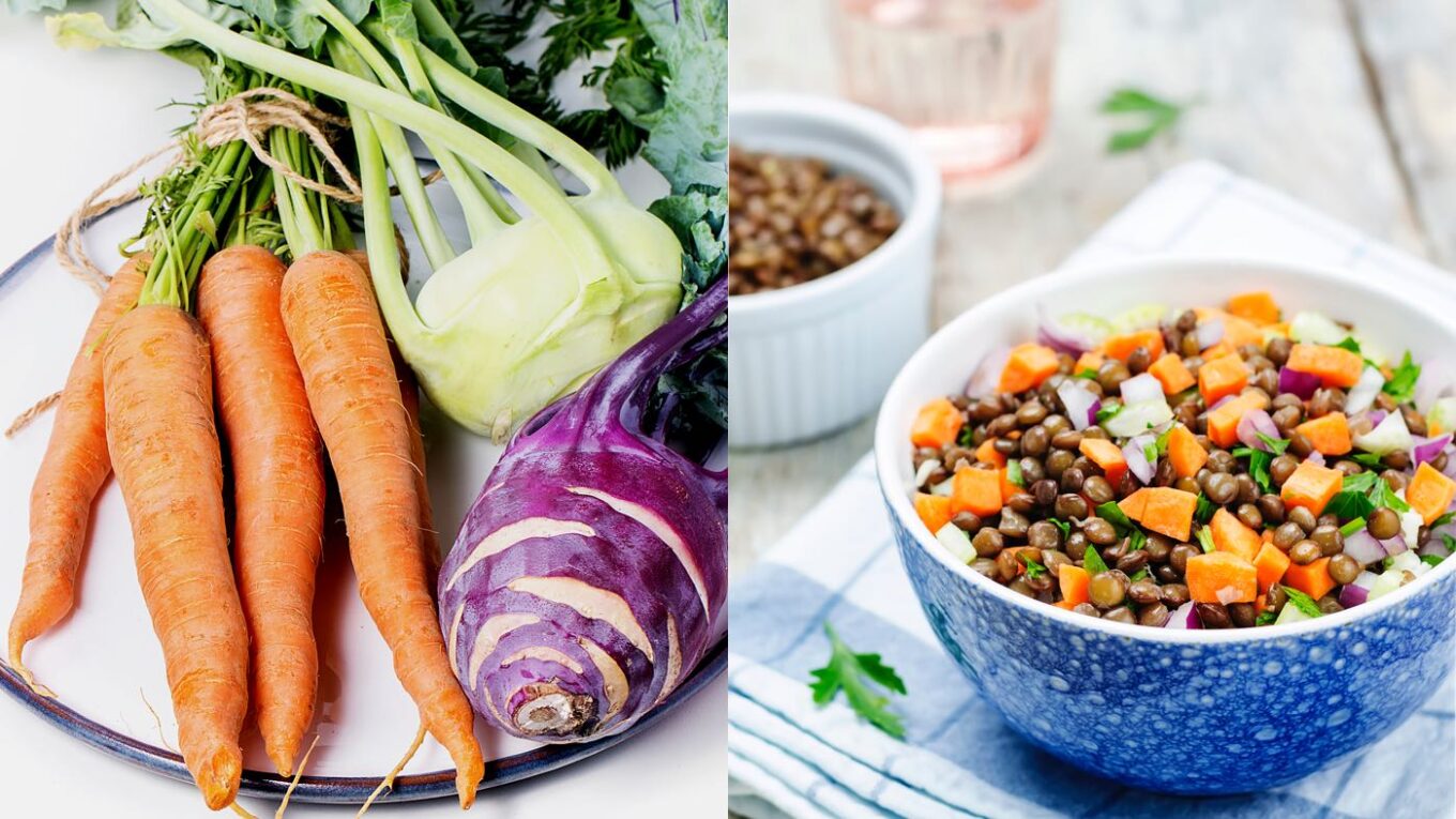 Karotten, Kohlrabi und Linsensalat in Schüssel.