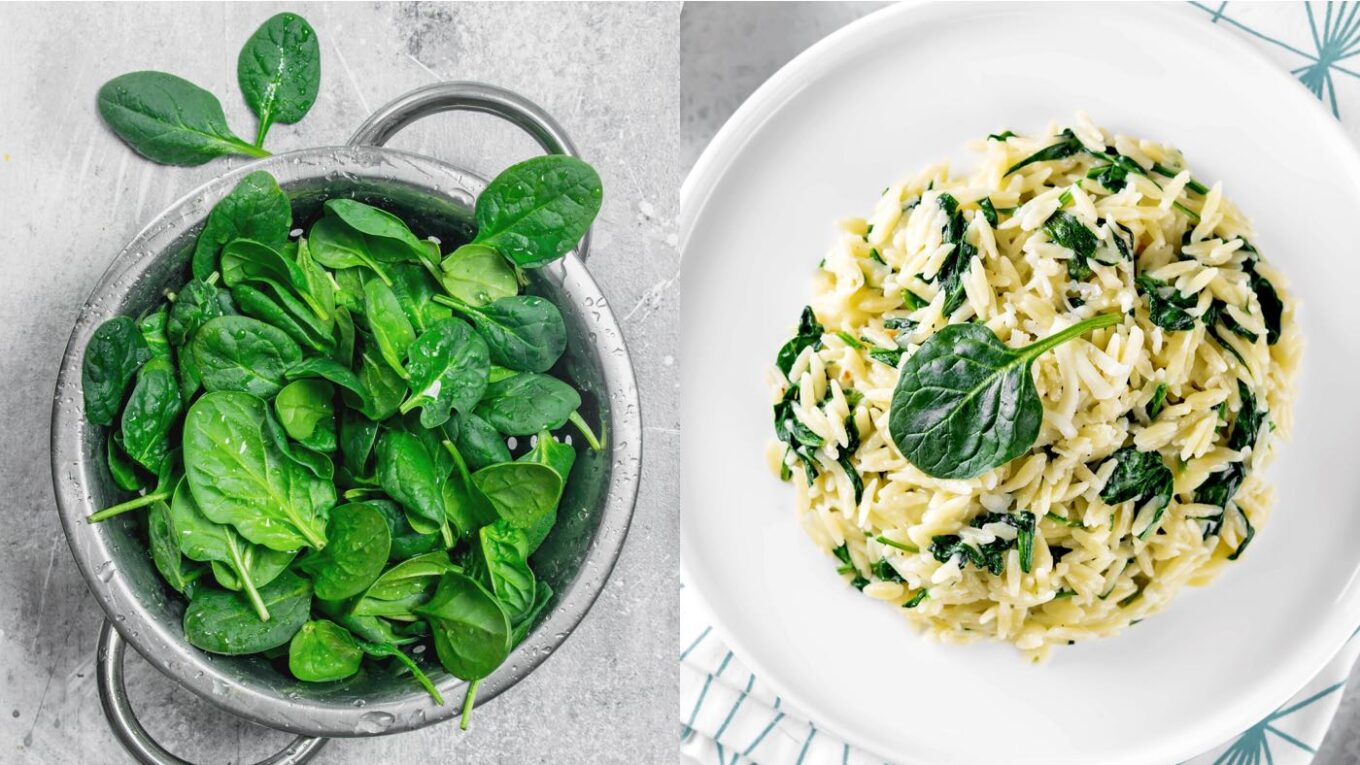 Frischer Spinat und Spinat-Risotto-Gericht