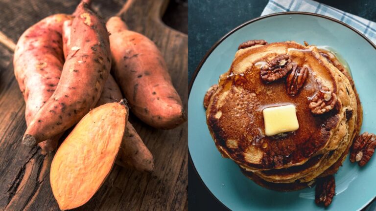 Süsskartoffel und Pfannkuchen mit Pekannüssen